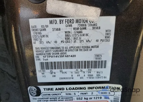 2009 Ford F150 Supercrew from USA, damaged, VIN 1FTPW14V39FA81420